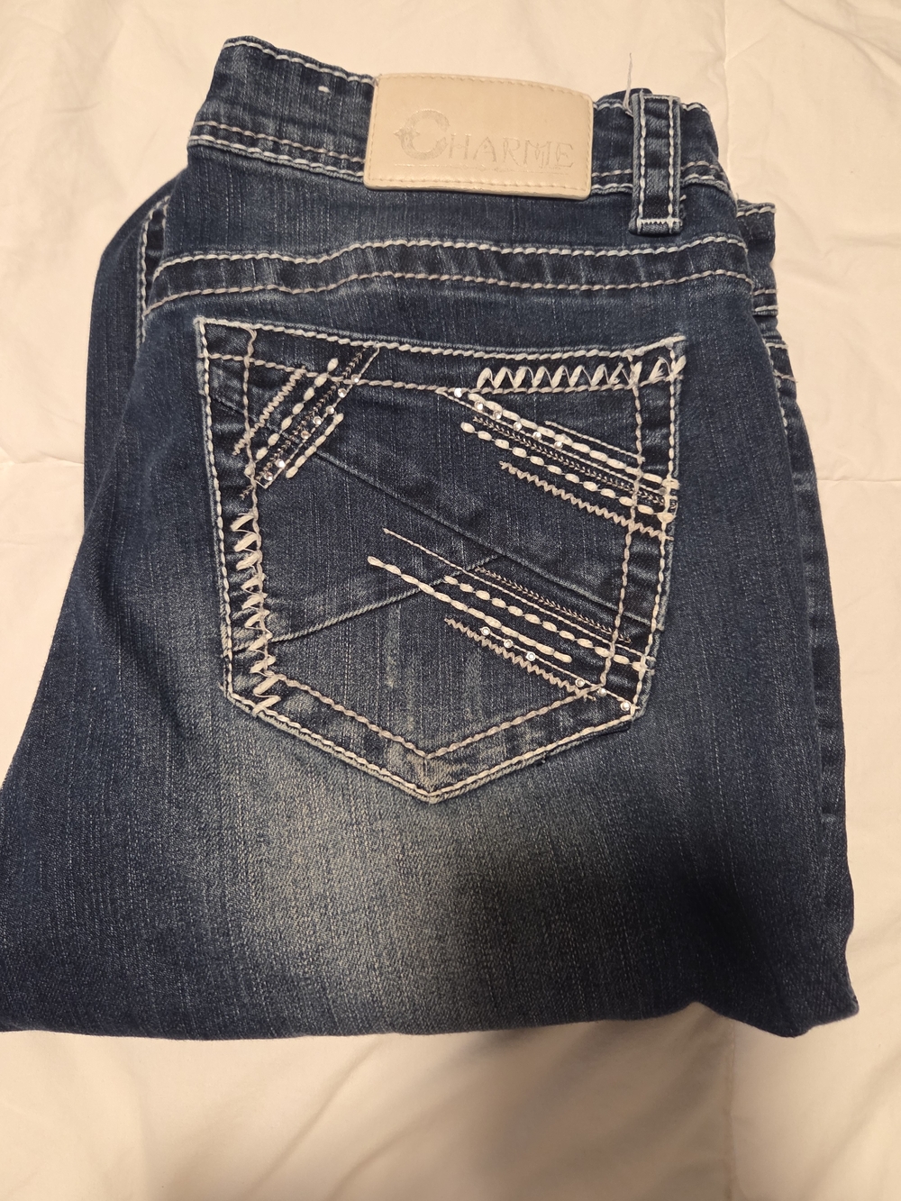 Charme Women's Straight Leg Jeans in Dark Blue with White Stitching